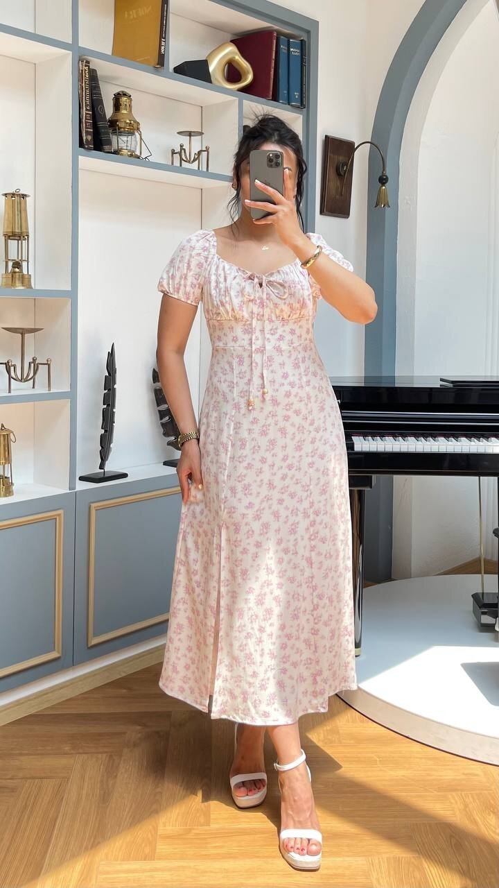 3777-PEMBE ÇİÇEK DESEN BONCUKLU ELBİSE