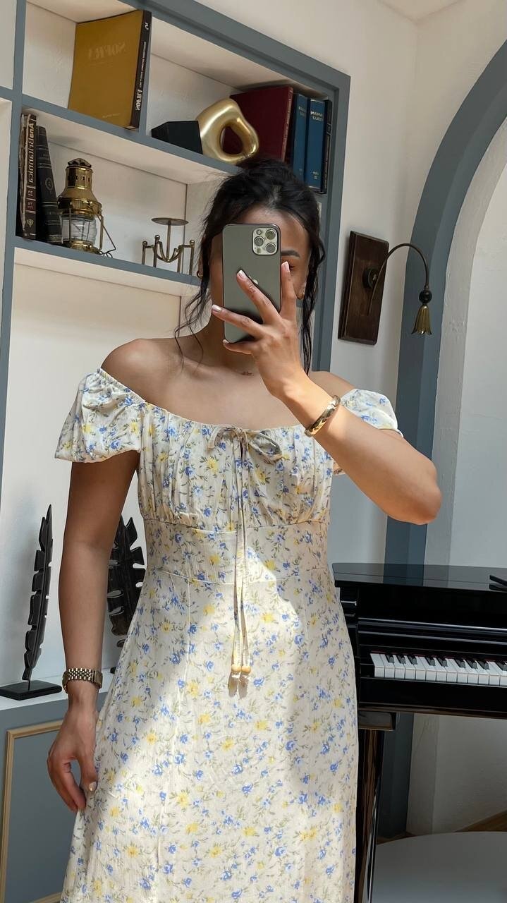 3777-SARI ÇİÇEK DESEN BONCUKLU ELBİSE