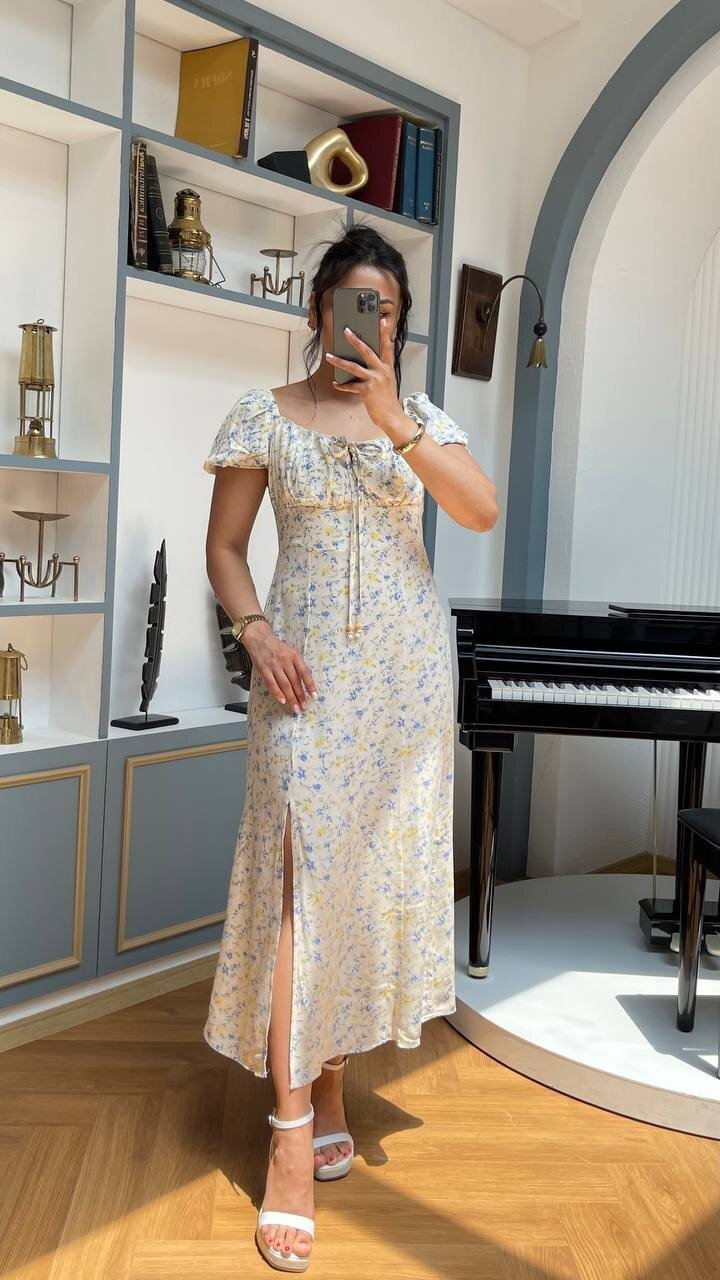 3777-SARI ÇİÇEK DESEN BONCUKLU ELBİSE