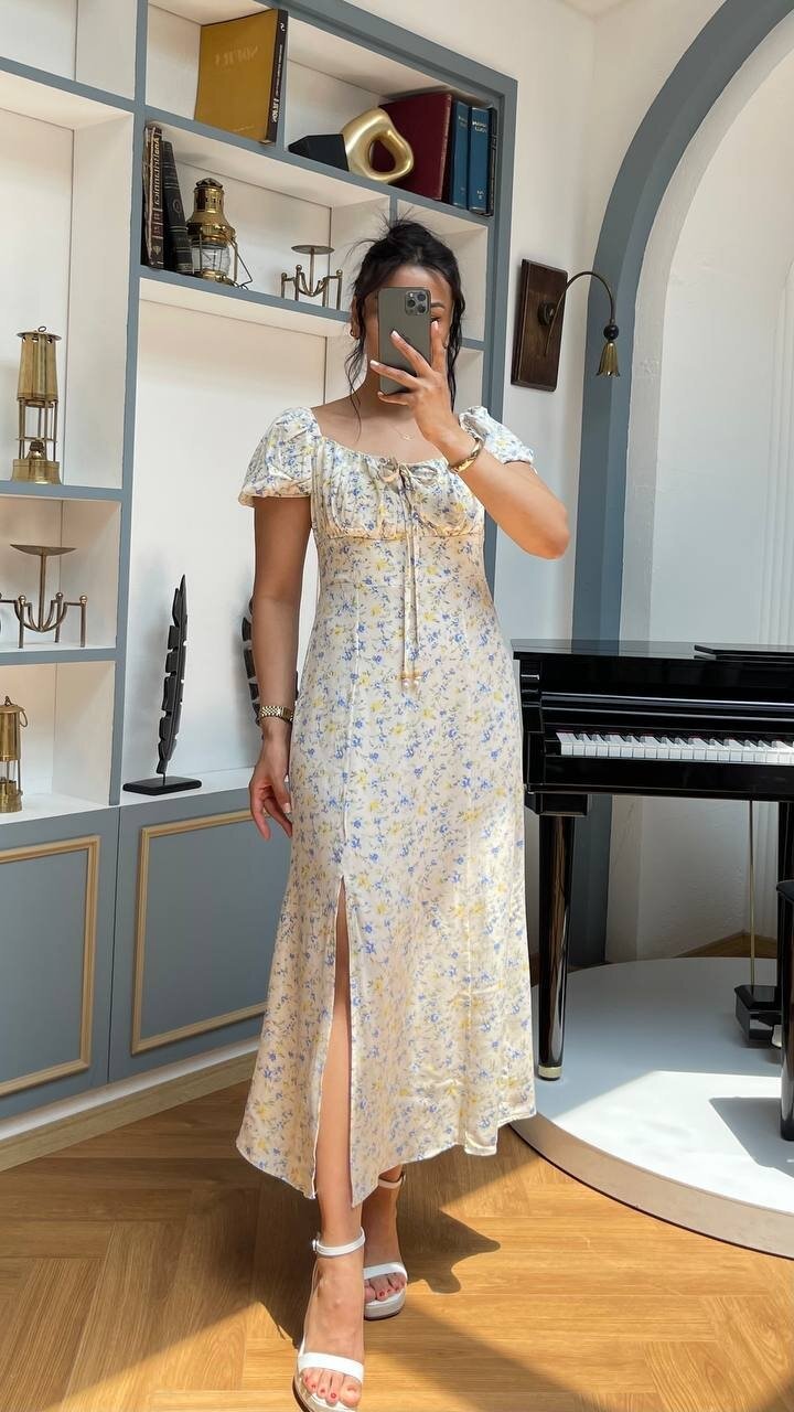 3777-SARI ÇİÇEK DESEN BONCUKLU ELBİSE