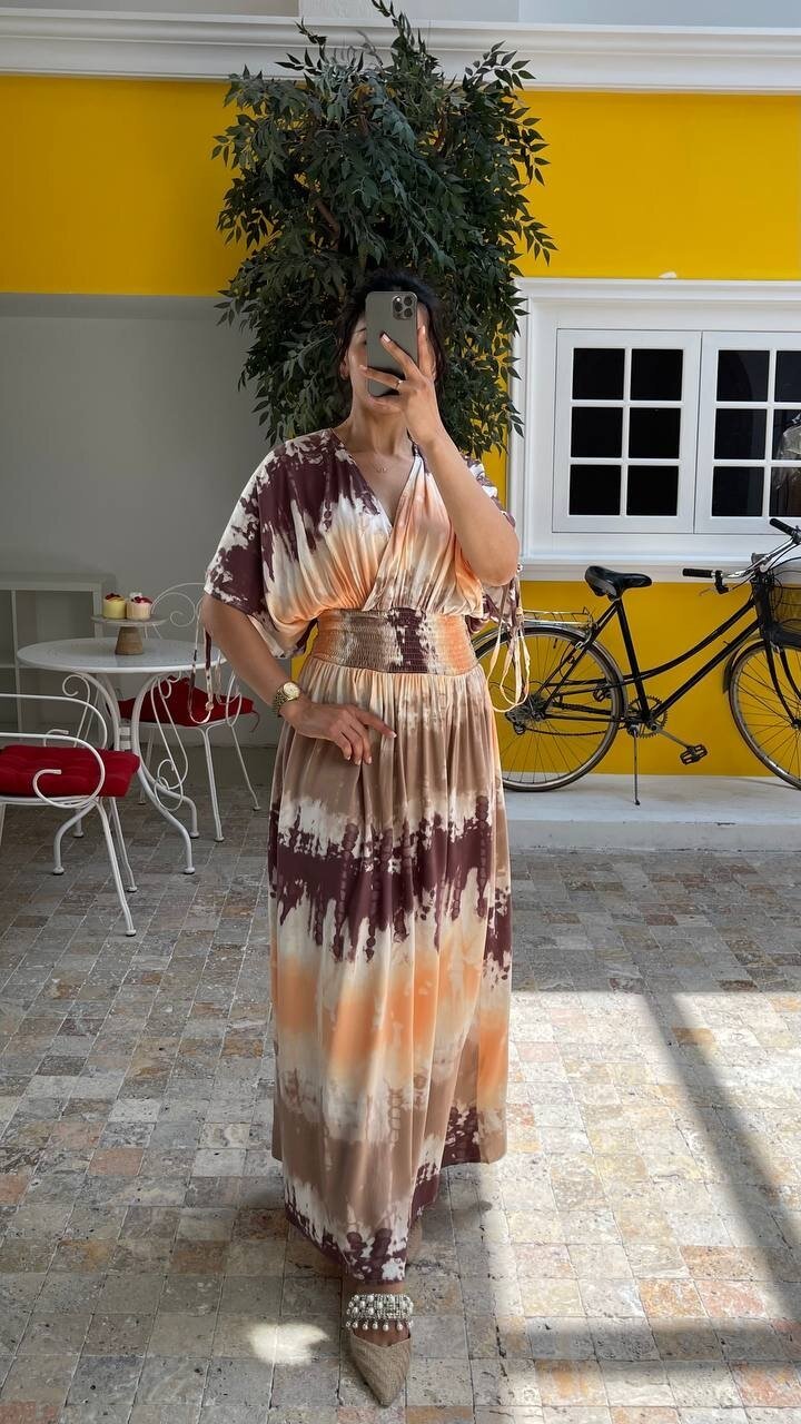 3778-ZİGZAG DESEN KOLLARI BONCUK DETAYLI ELBİSE