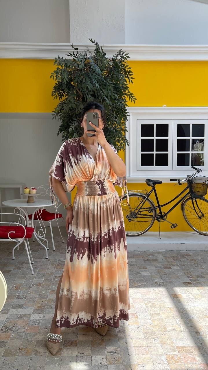 3778-ZİGZAG DESEN KOLLARI BONCUK DETAYLI ELBİSE