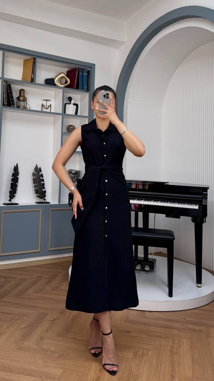 3789-SİYAH KETEN GOLD DÜĞMELİ ELBİSE