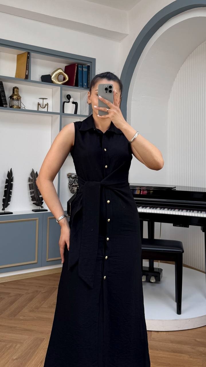 3789-SİYAH KETEN GOLD DÜĞMELİ ELBİSE