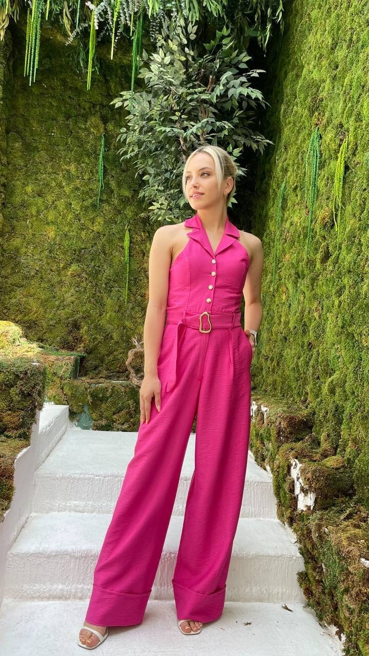 3782-PEMBE KETEN KUMAŞ DERİN V YAKA TULUM