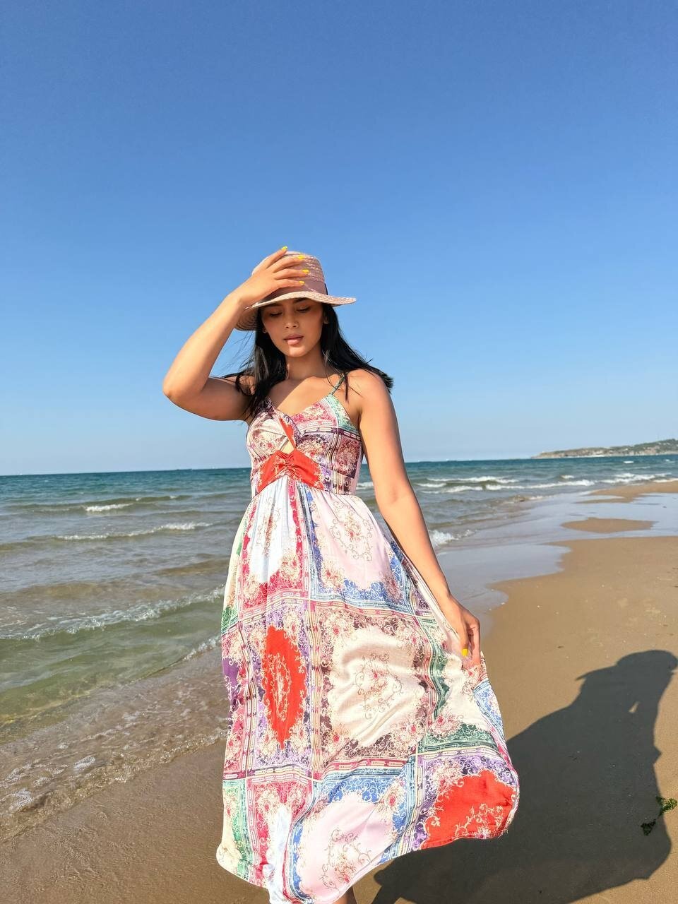 3784-PATCHWORK DESEN SATEN ELBİSE