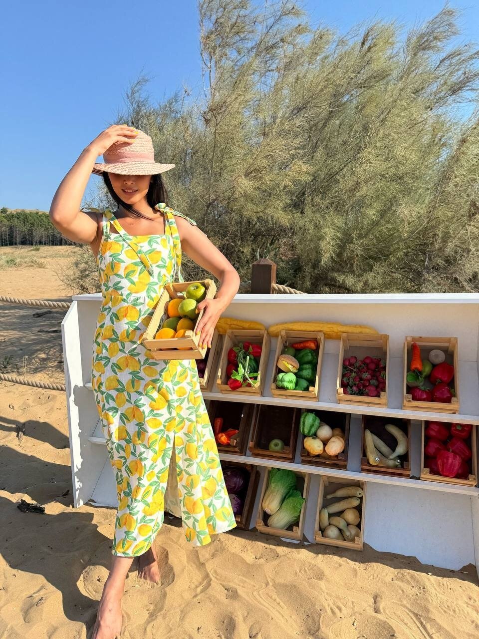 3785-LİMON DESEN SIFIR KOL KETEN ELBİSE