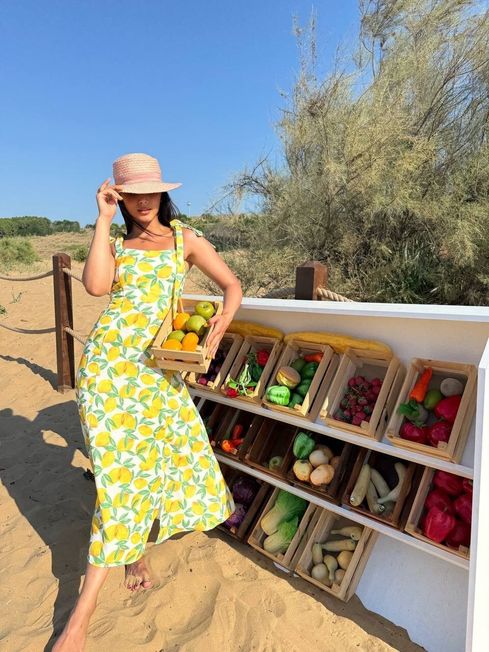 3785-LİMON DESEN SIFIR KOL KETEN ELBİSE