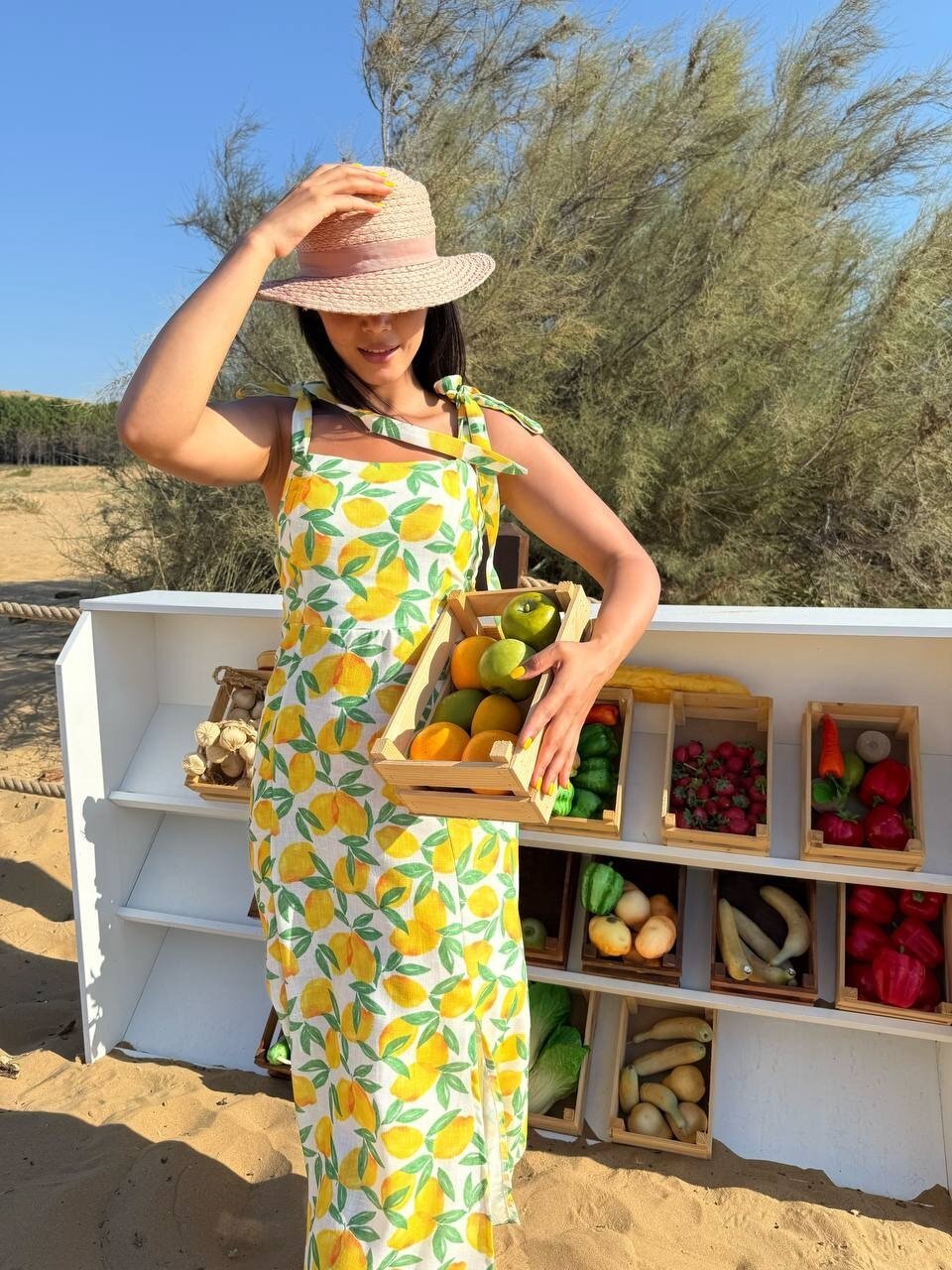 3785-LİMON DESEN SIFIR KOL KETEN ELBİSE