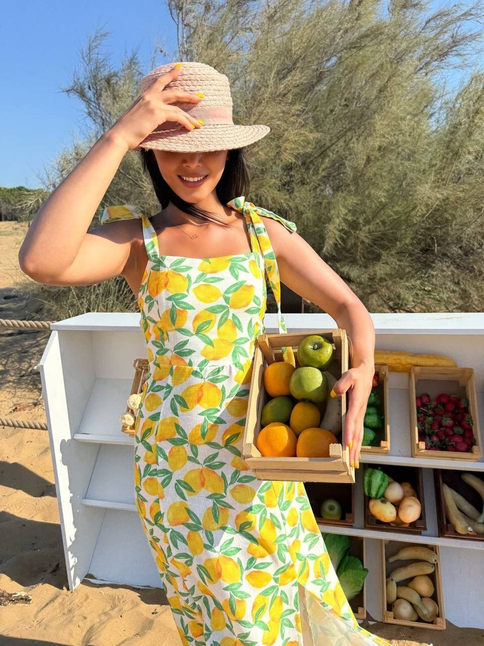 3785-LİMON DESEN SIFIR KOL KETEN ELBİSE