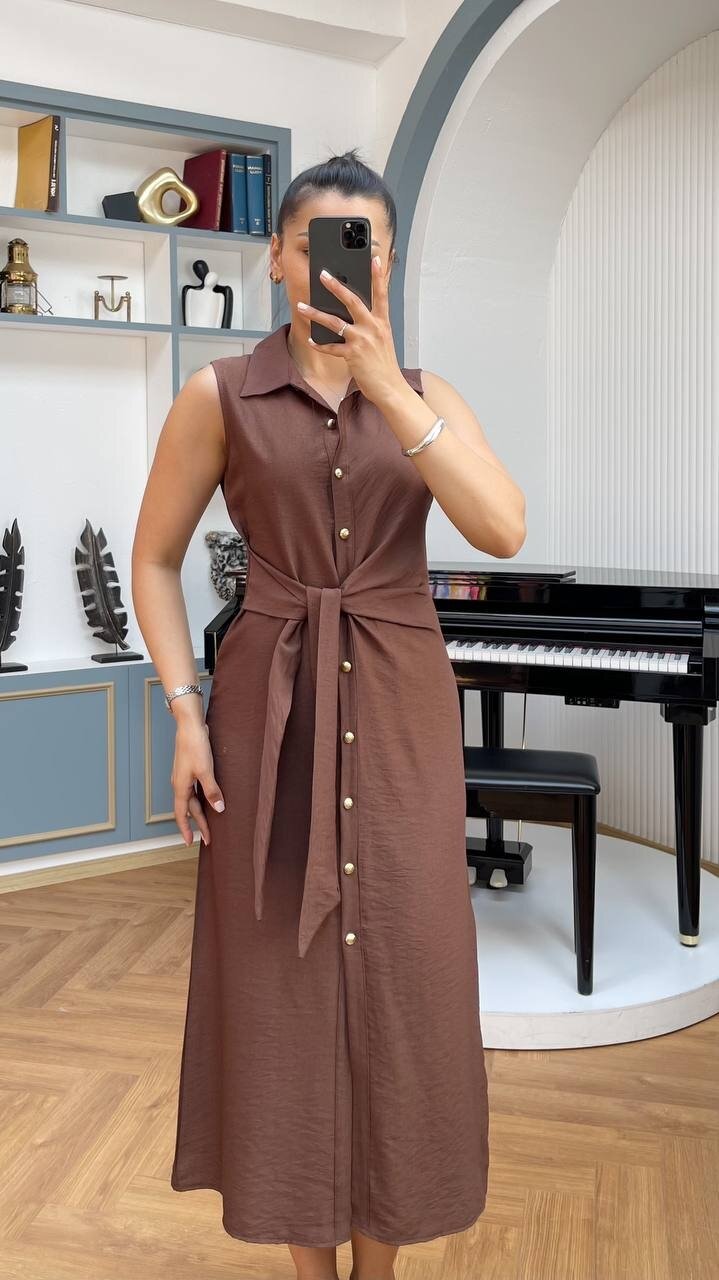 3789-KAHVERENGİ KETEN GOLD DÜĞMELİ ELBİSE