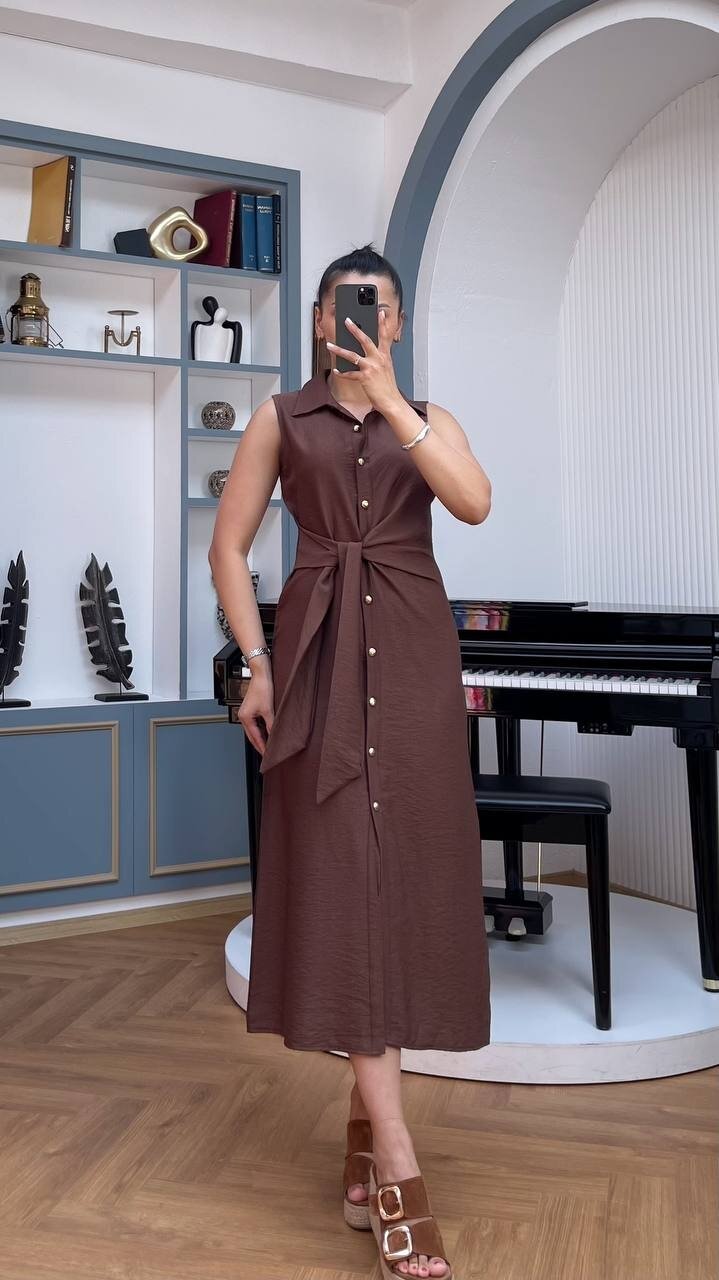 3789-KAHVERENGİ KETEN GOLD DÜĞMELİ ELBİSE