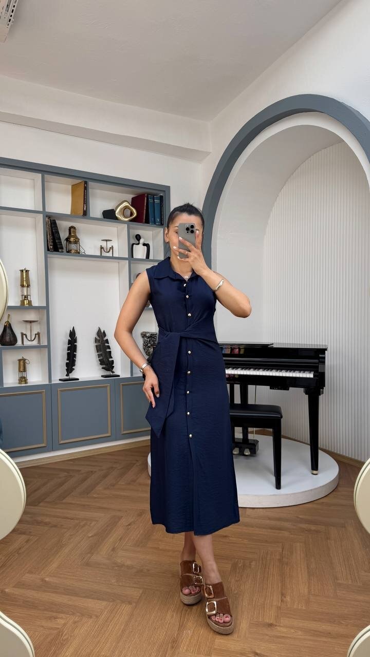 3789-LACİVERT KETEN GOLD DÜĞMELİ ELBİSE