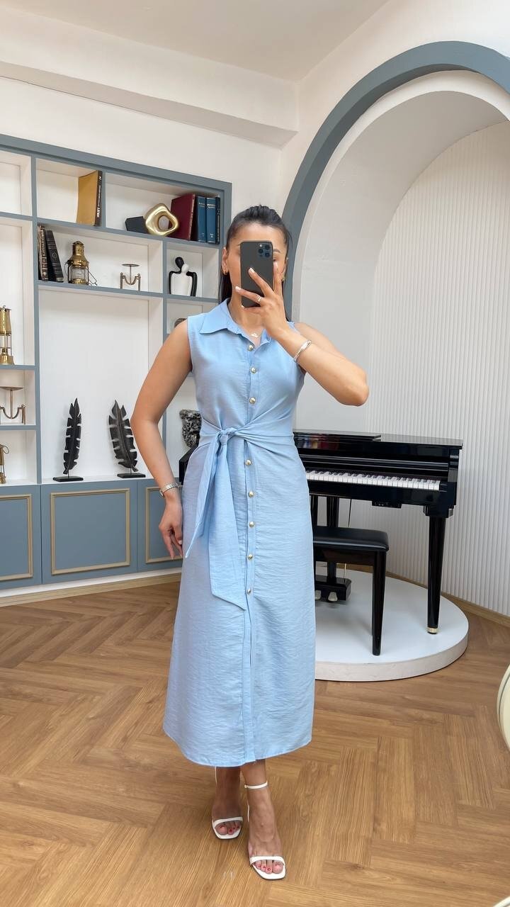 3789-MAVİ KETEN GOLD DÜĞMELİ ELBİSE