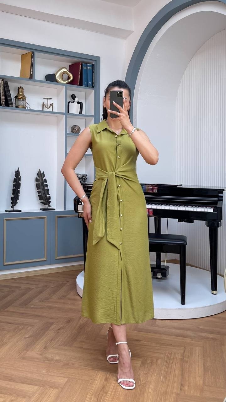 3789-OLİV KETEN GOLD DÜĞMELİ ELBİSE