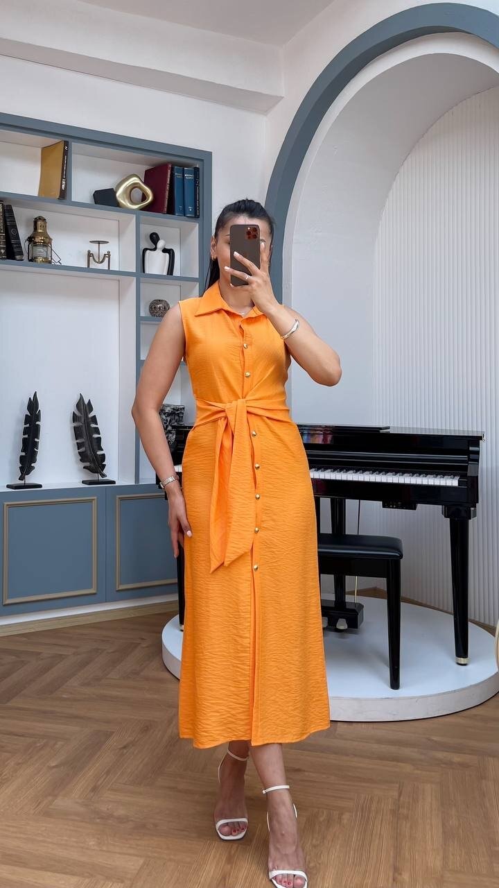 3789-TURUNCU KETEN GOLD DÜĞMELİ ELBİSE