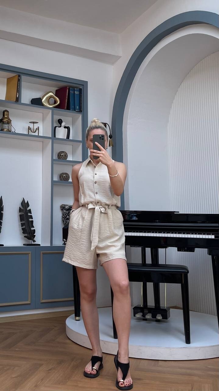 3791-BEJ DÜĞMELİ ŞORT TULUM