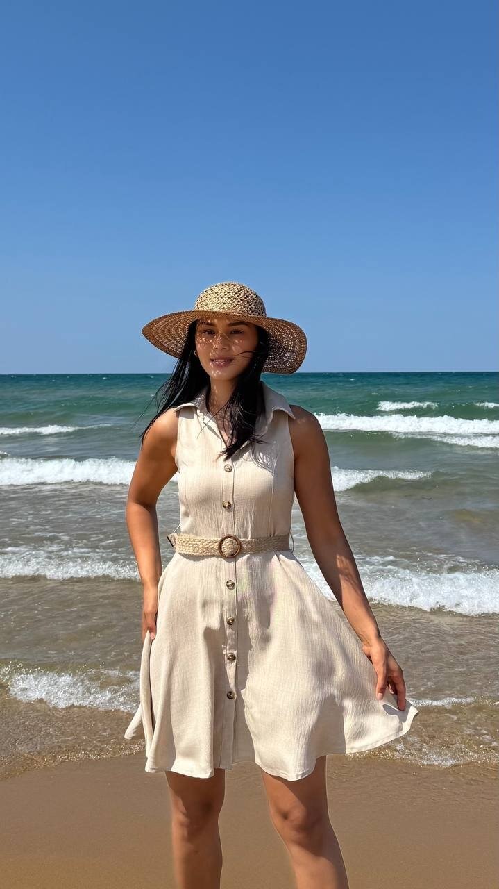 3793-BEJ HASIR KEMERLİ KISA ELBİSE