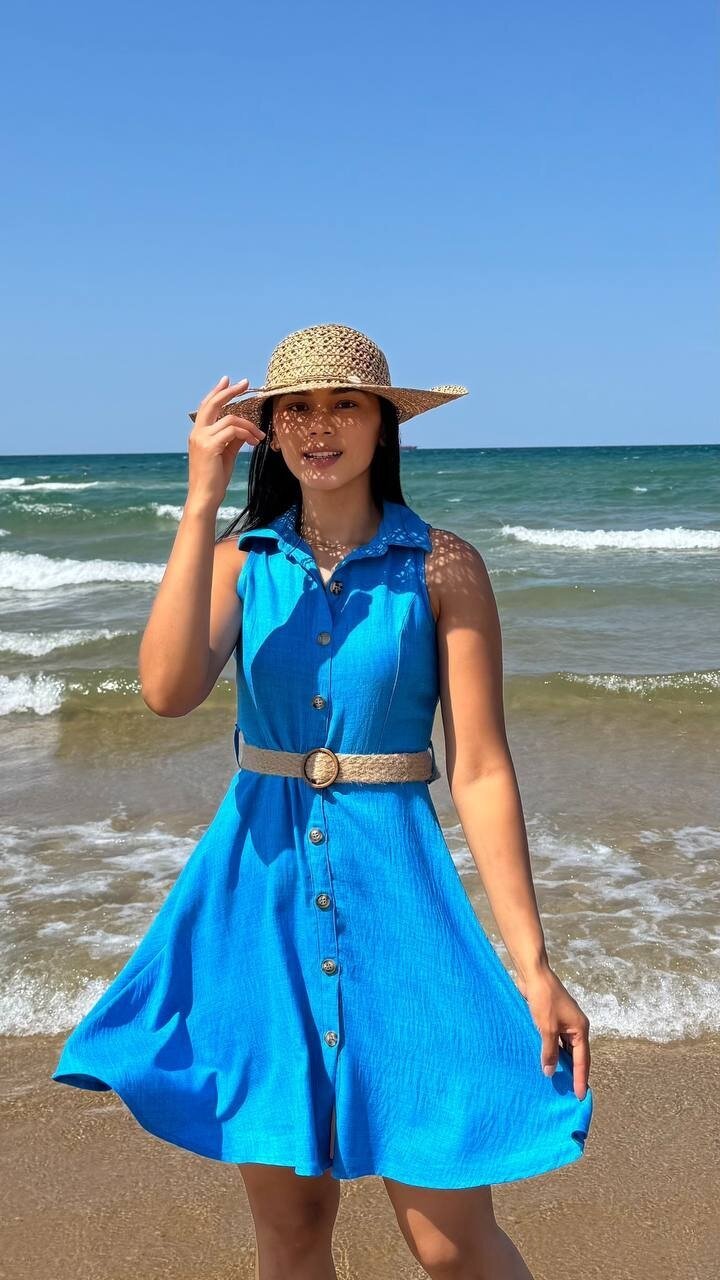 3793-MAVİ HASIR KEMERLİ KISA ELBİSE