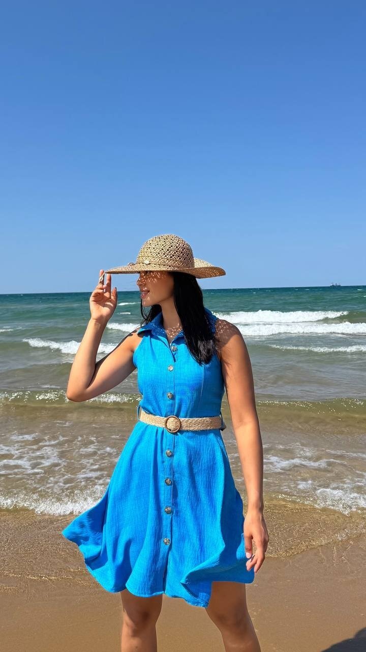 3793-MAVİ HASIR KEMERLİ KISA ELBİSE