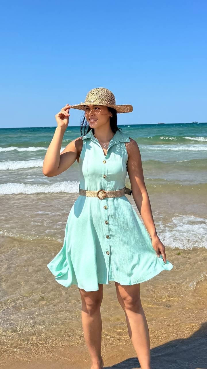 3793-SU YEŞİLİ HASIR KEMERLİ KISA ELBİSE