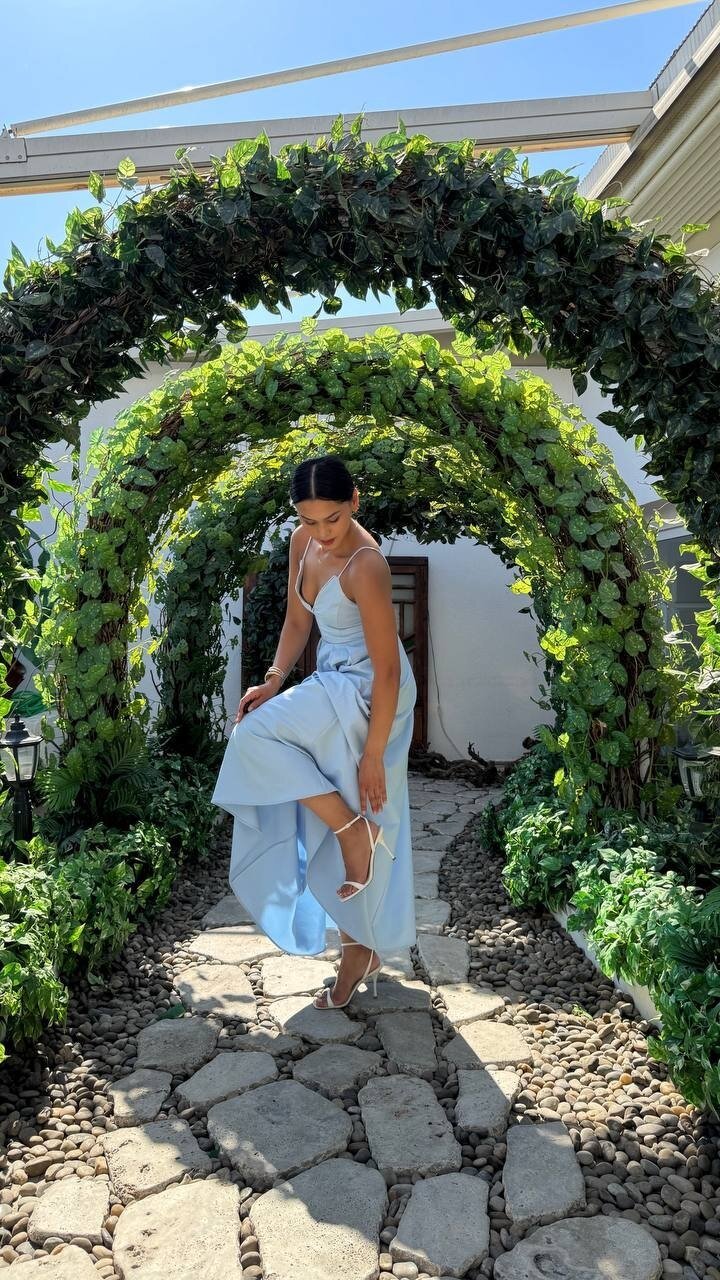 3795-MAVİ V YAKA TAŞ DETAY KİLOŞ ELBİSE