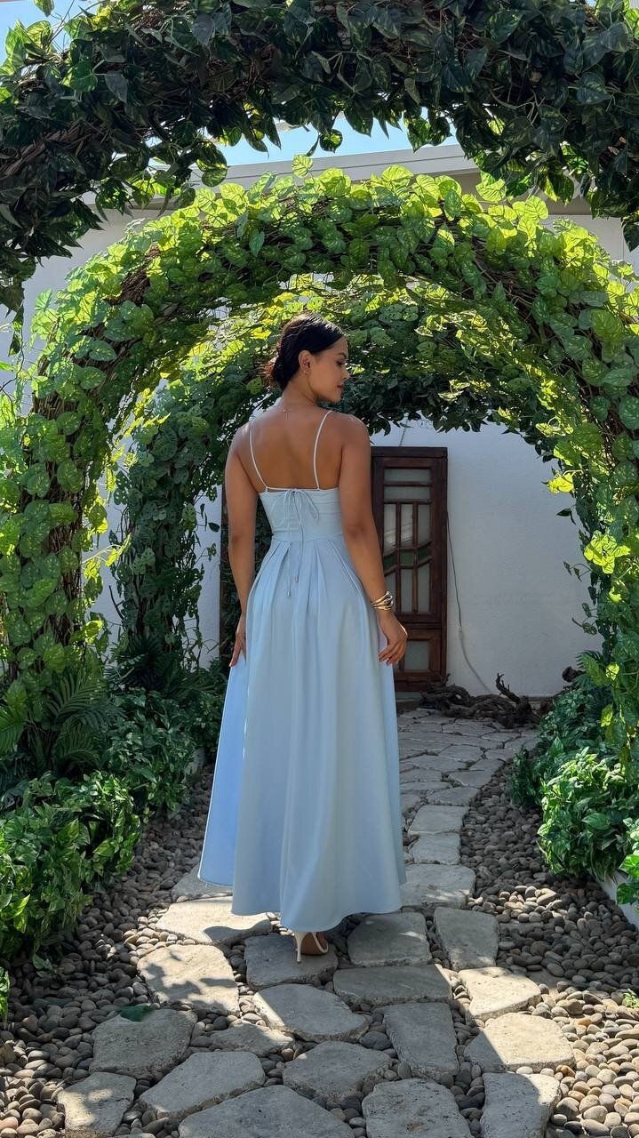 3795-MAVİ V YAKA TAŞ DETAY KİLOŞ ELBİSE