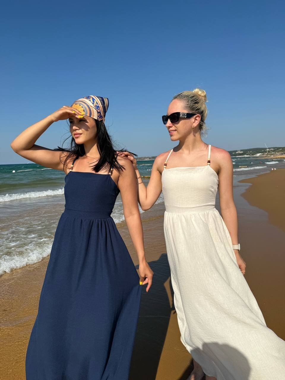 3796-BEJ ASKILI KARE YAKA KETEN ELBİSE