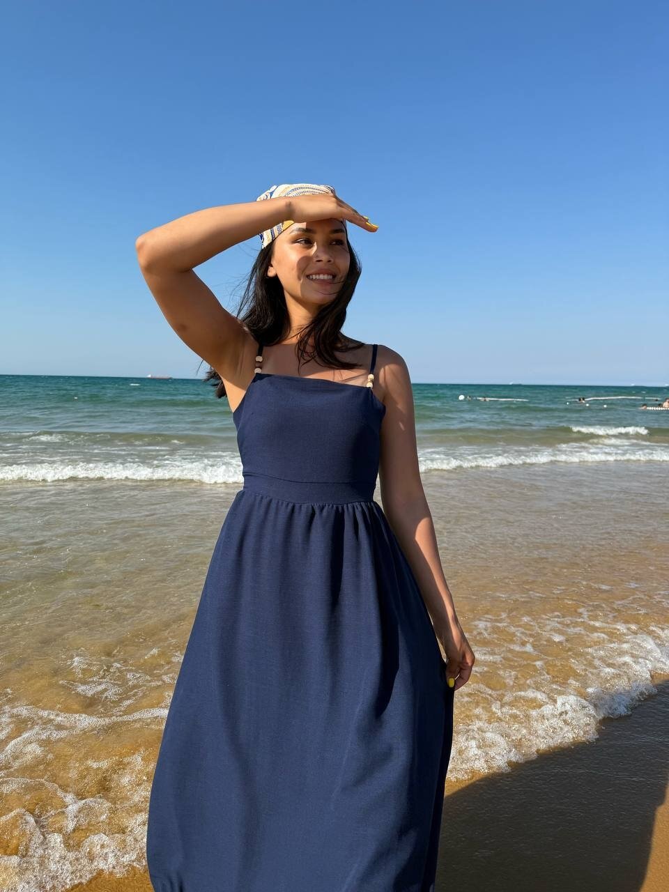 3796-LACİVERT ASKILI KARE YAKA KETEN ELBİSE