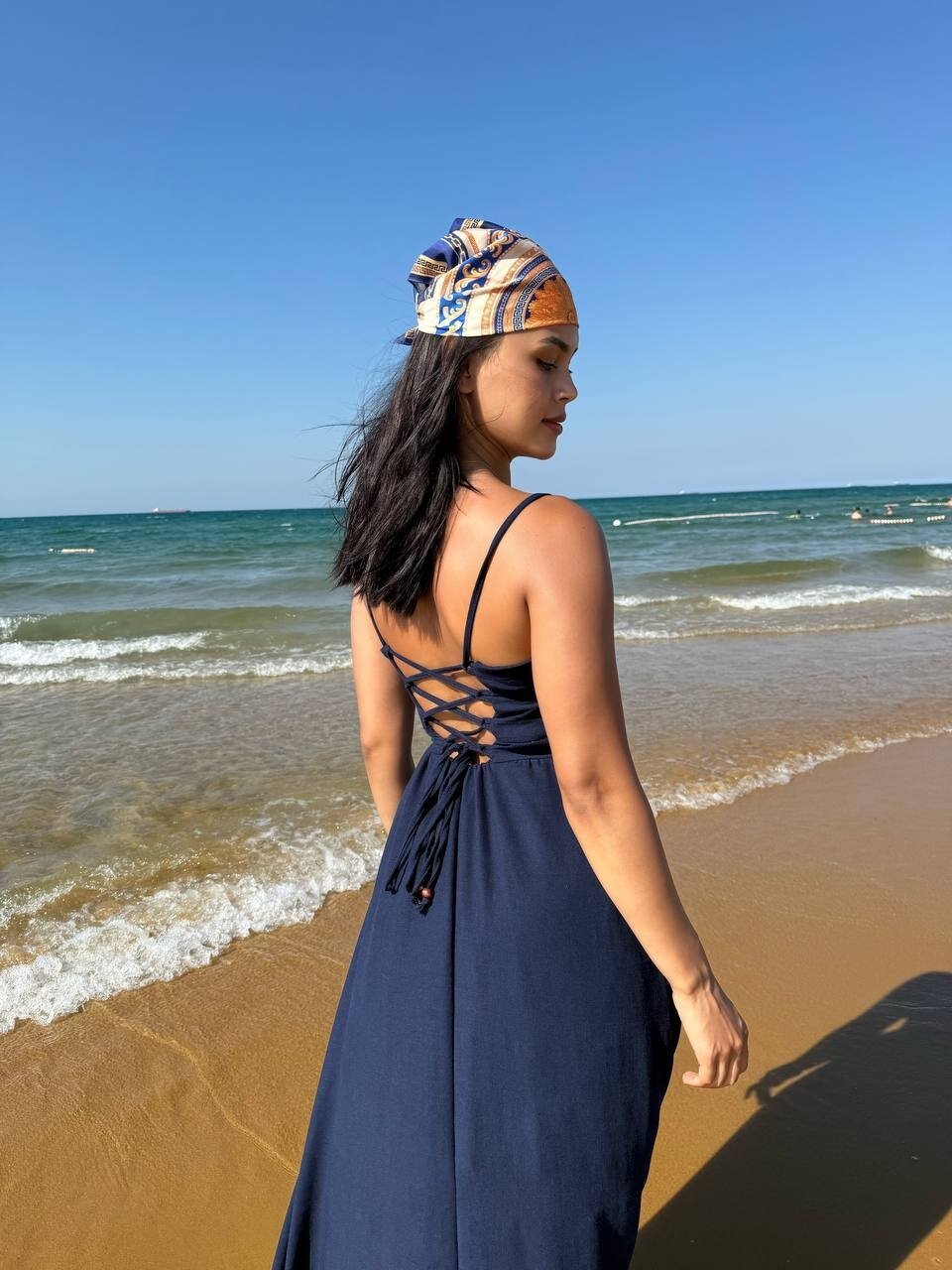 3796-LACİVERT ASKILI KARE YAKA KETEN ELBİSE