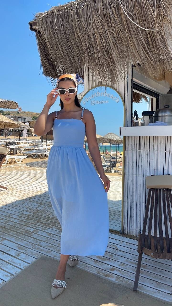 3796-MAVİ ASKILI KARE YAKA KETEN ELBİSE