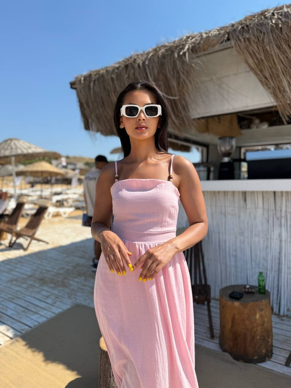 3796-PEMBE ASKILI KARE YAKA KETEN ELBİSE