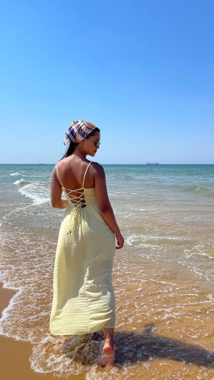 3796-SARI ASKILI KARE YAKA KETEN ELBİSE