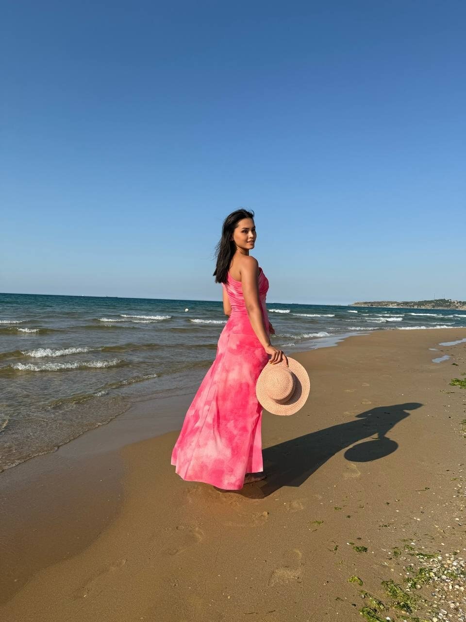 3801-PEMBE TEK OMUZ DRAPELİ TÜL ELBİSE