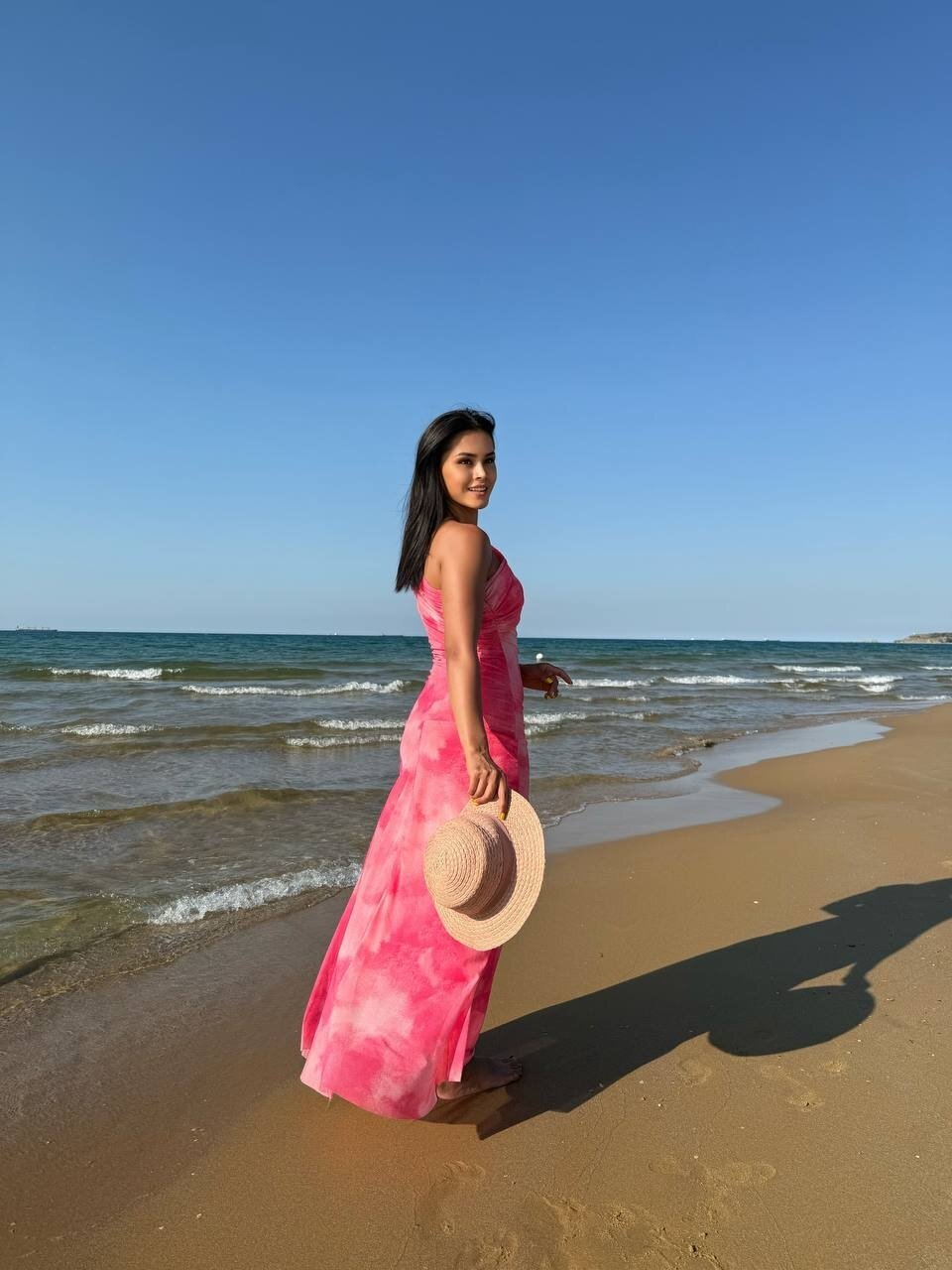 3801-PEMBE TEK OMUZ DRAPELİ TÜL ELBİSE