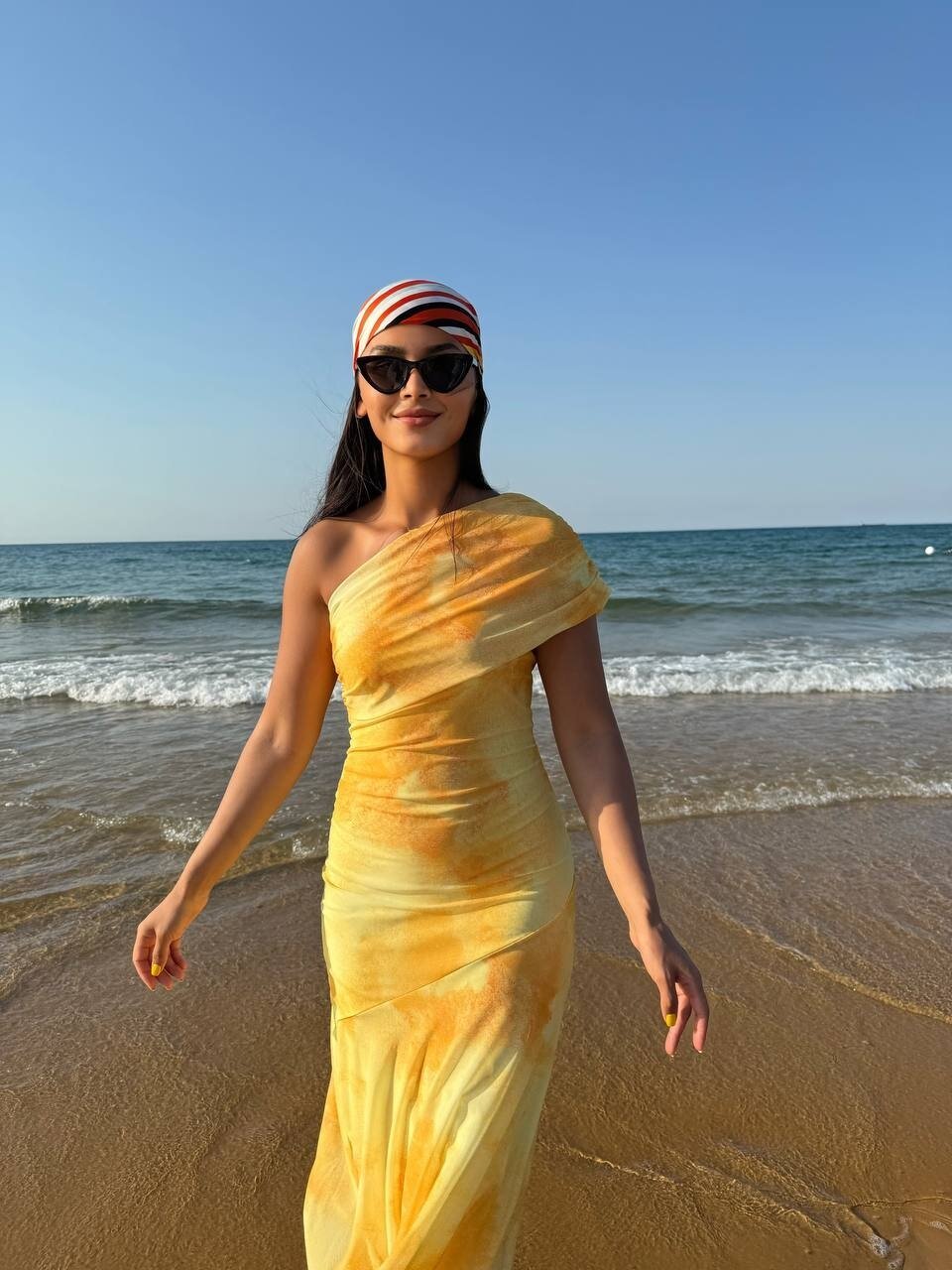 3801-SARI TEK OMUZ DRAPELİ TÜL ELBİSE