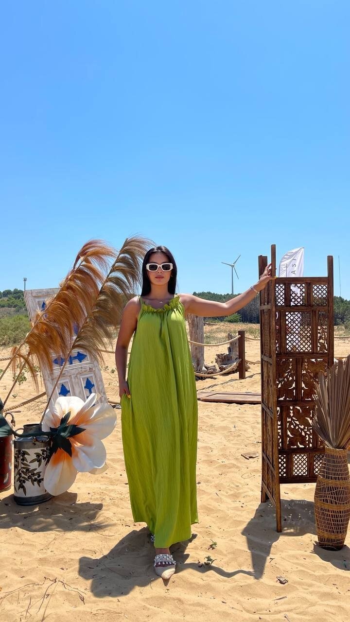 3807-OLİV HALTER YAKA KRİNKIL KUMAŞ ELBİSE