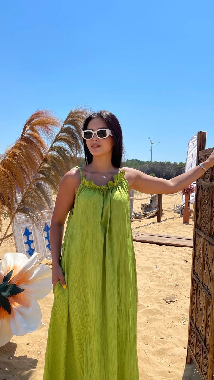 3807-OLİV HALTER YAKA KRİNKIL KUMAŞ ELBİSE