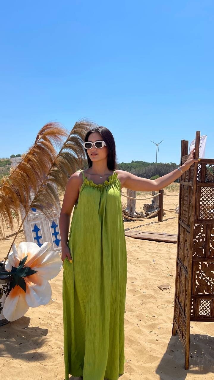 3807-OLİV HALTER YAKA KRİNKIL KUMAŞ ELBİSE