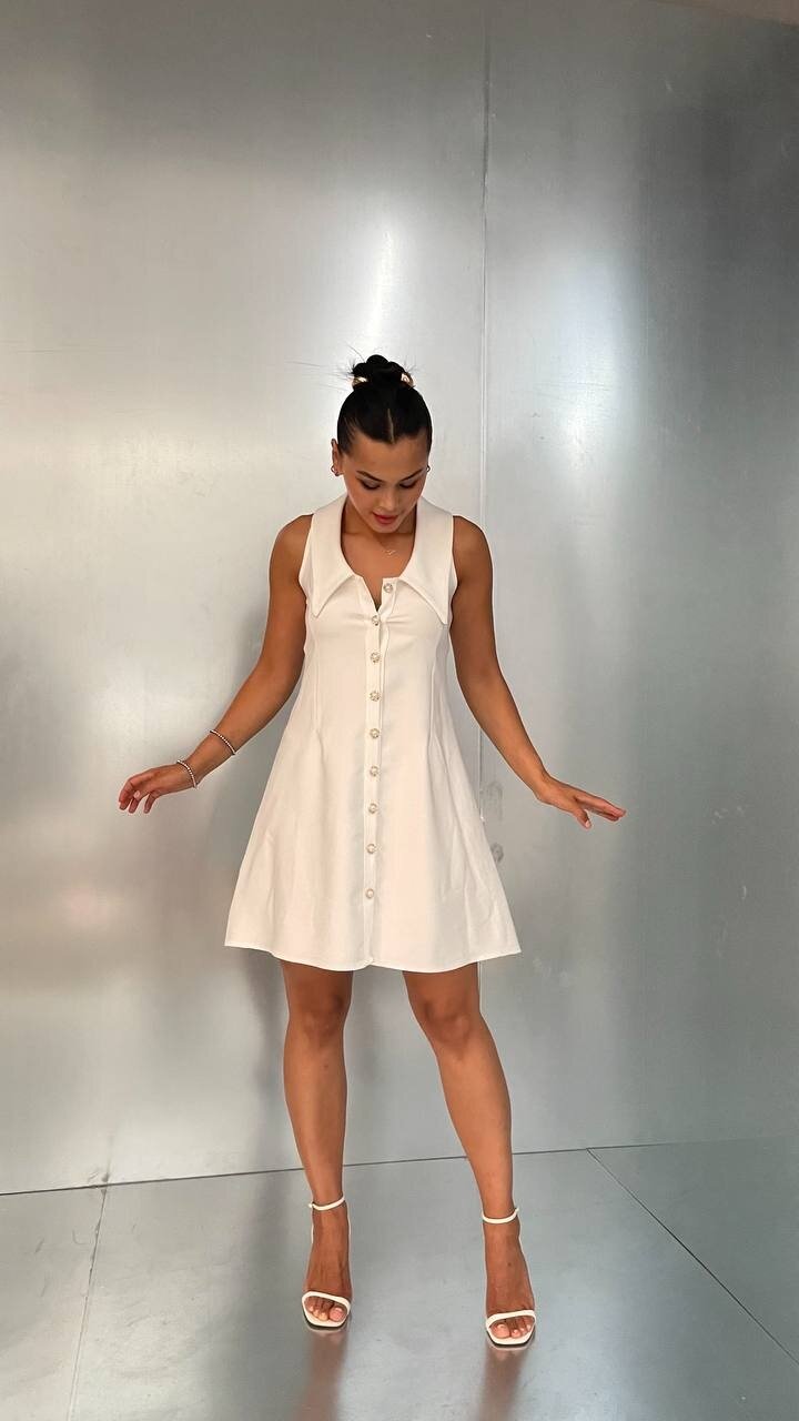 3808-BEJ BEBE YAKA TOP DÜĞMELİ ELBİSE