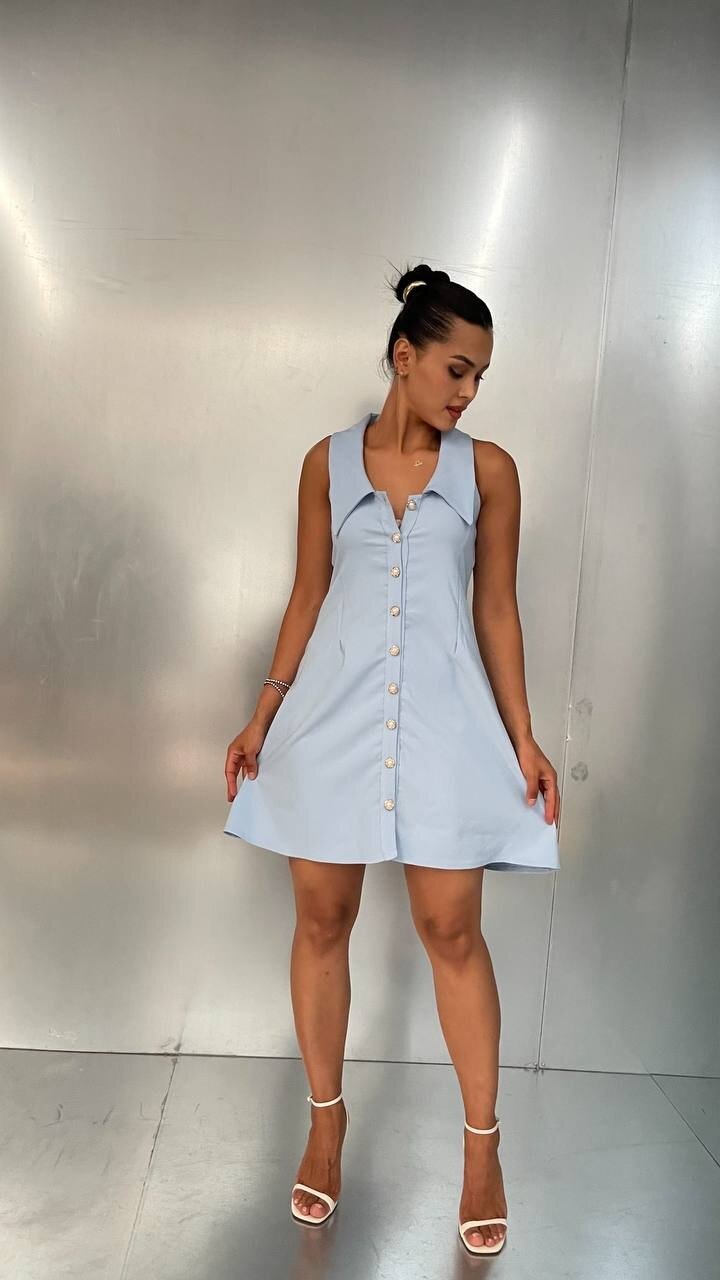 3808-MAVİ BEBE YAKA TOP DÜĞMELİ ELBİSE