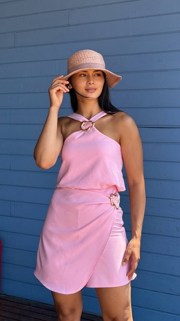 3810-PEMBE TOKALI ŞORT TULUM