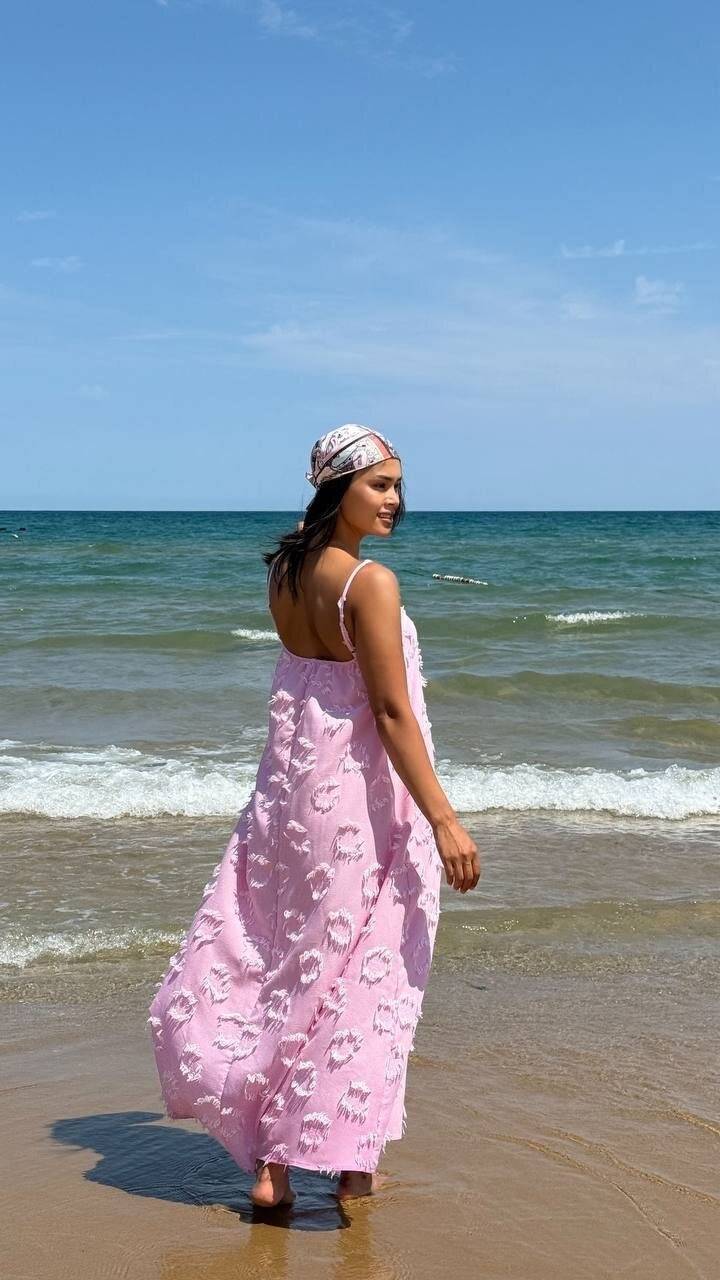 3816-PEMBE SAÇAKLI ASKLI KETEN ELBİSE