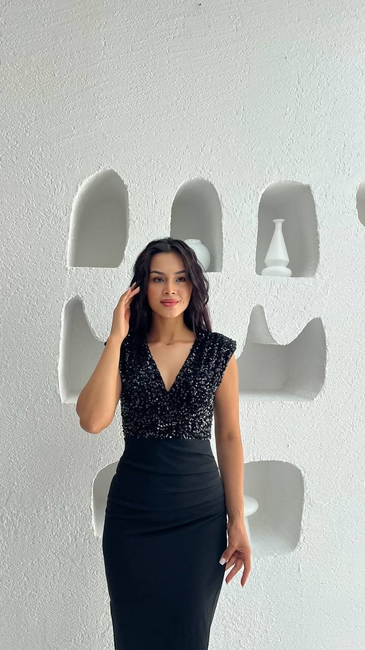 3820-SİYAH PUL PAYET KRUVAZE YAKA ELBİSE