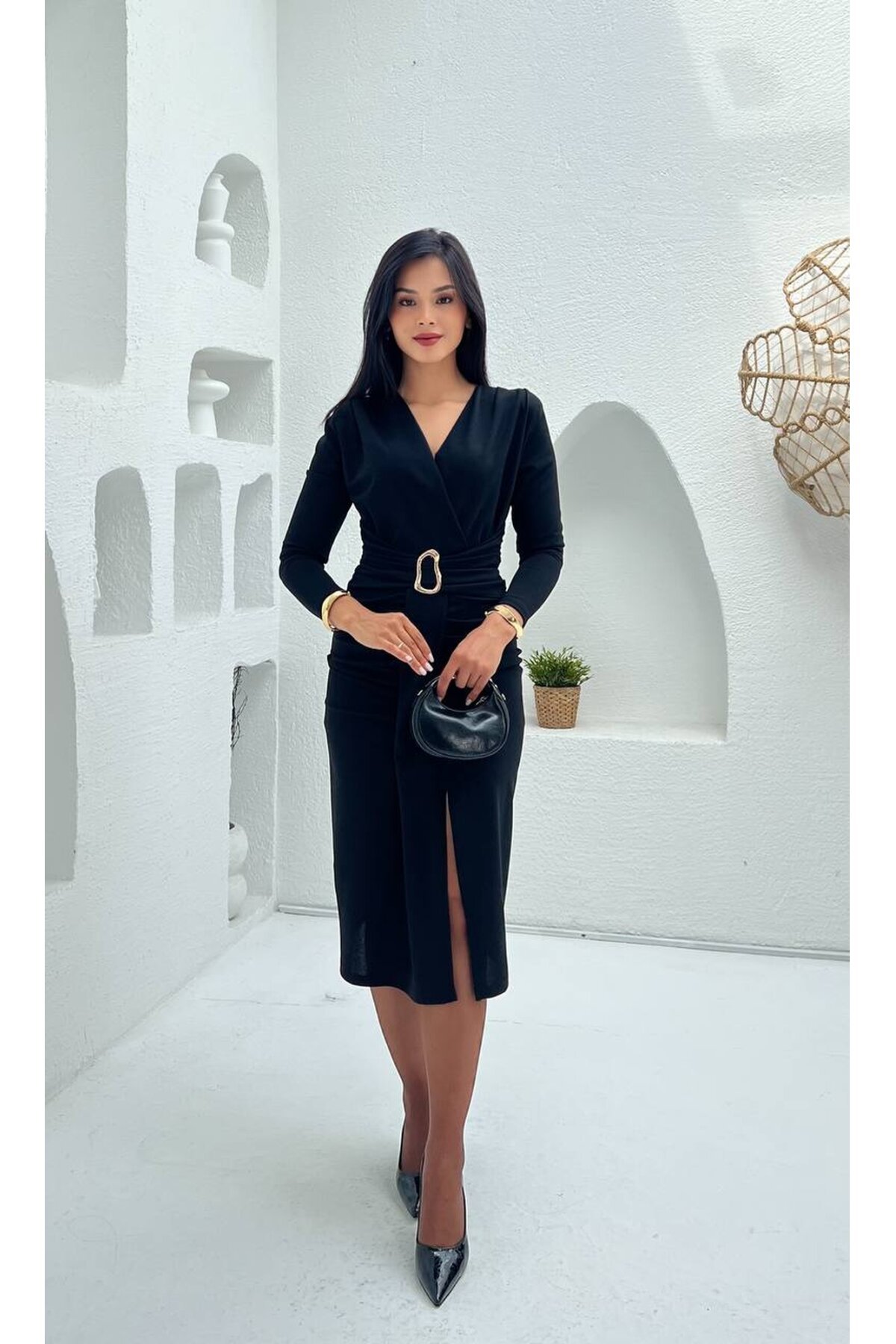 3829-SİYAH OLİPS KEMER DETAYLI ELBİSE