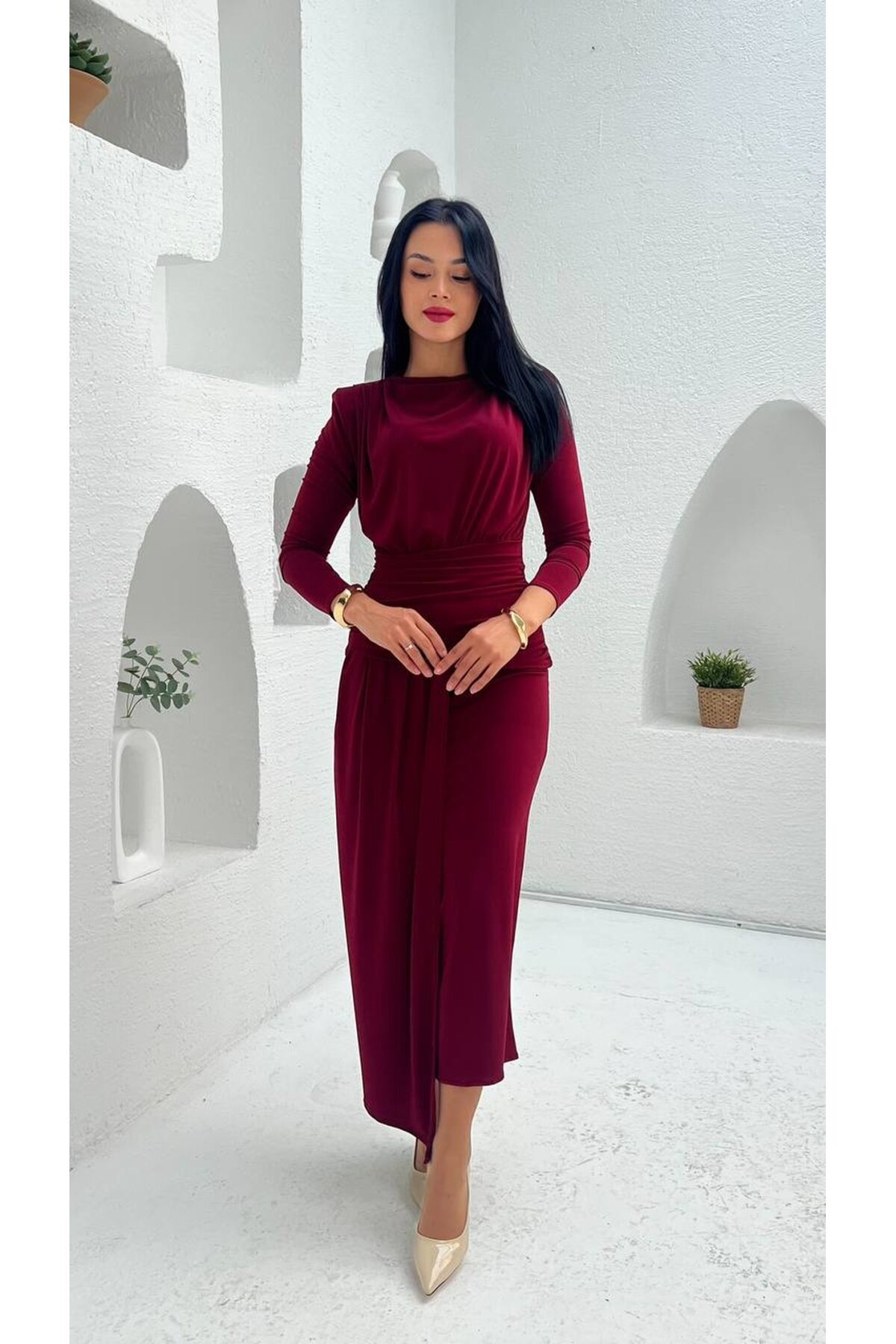 3833-BORDO ÖNÜ DRAPELİ SANDY KUMAŞ ELBİSE