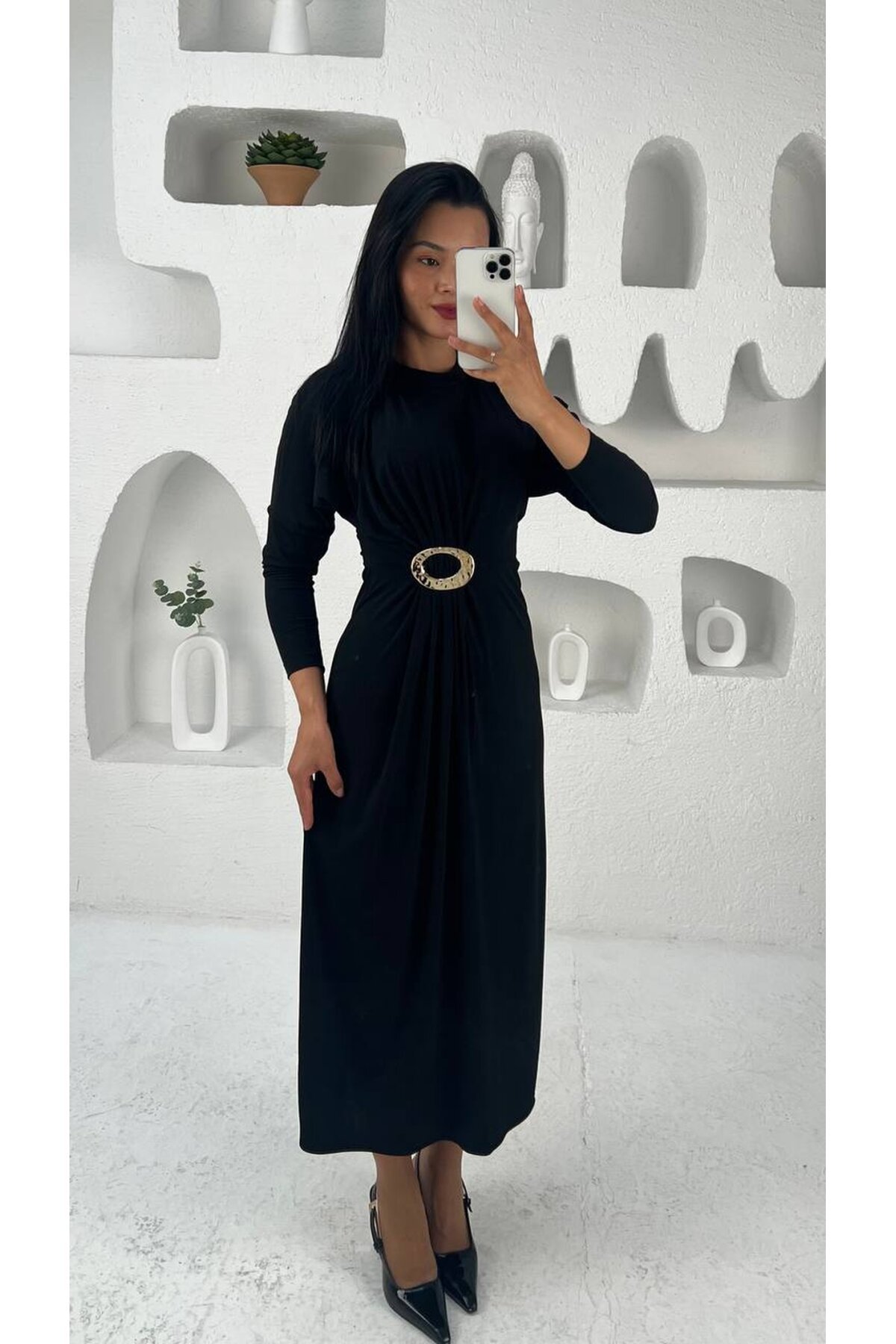 3831-SİYAH ELİPS TOKALI ÖNDEN DÜĞÜMLÜ SANDY ELBİSE