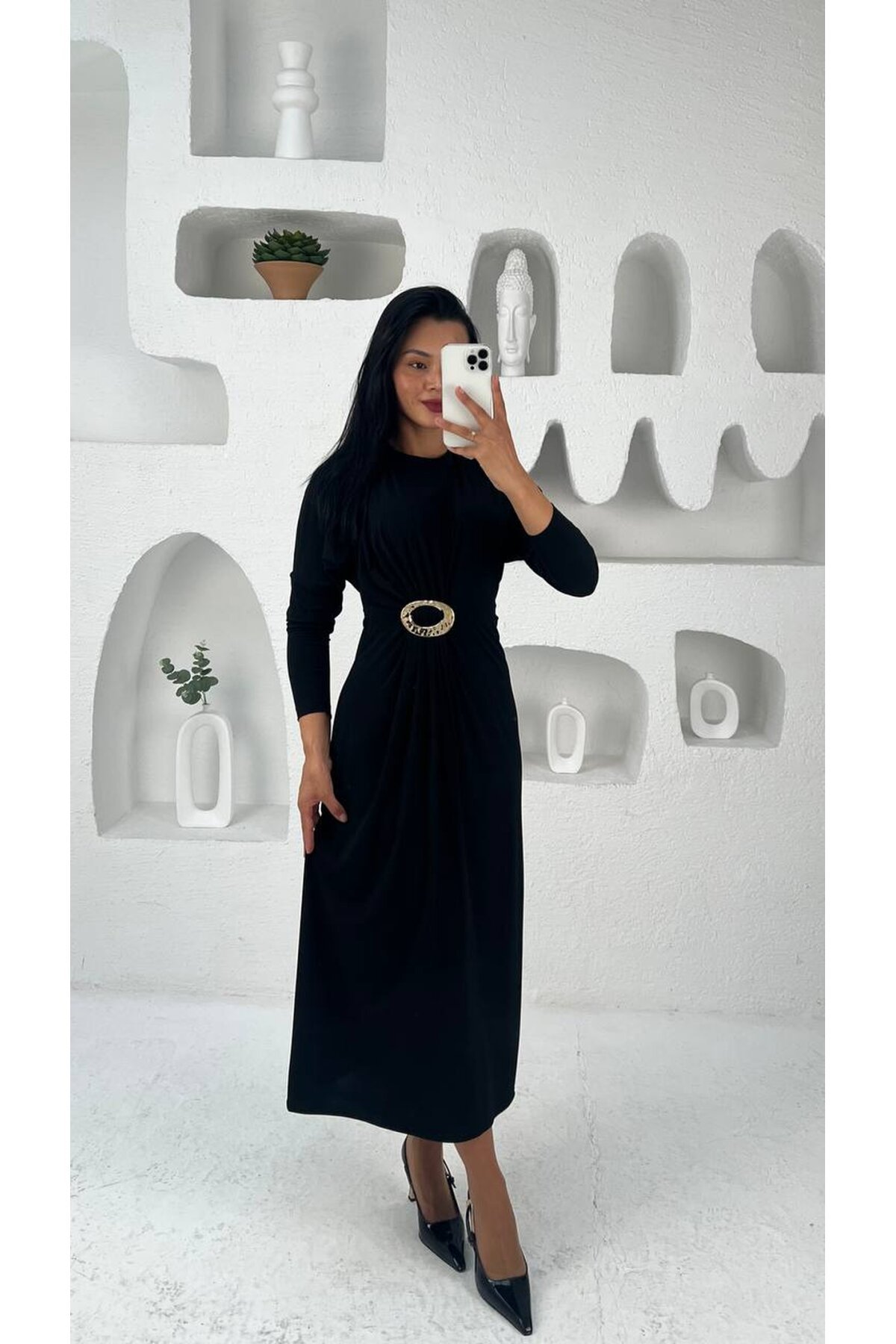 3831-SİYAH ELİPS TOKALI ÖNDEN DÜĞÜMLÜ SANDY ELBİSE