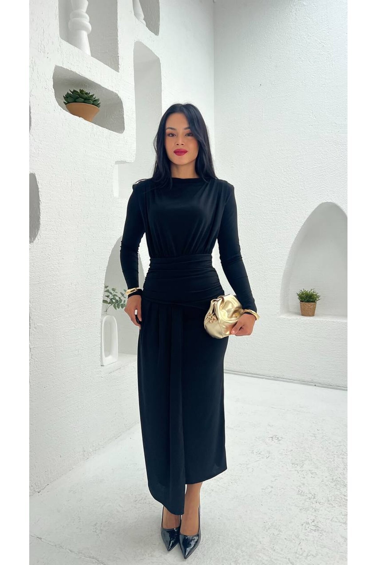 3833-SİYAH ÖNÜ DRAPELİ SANDY KUMAŞ ELBİSE