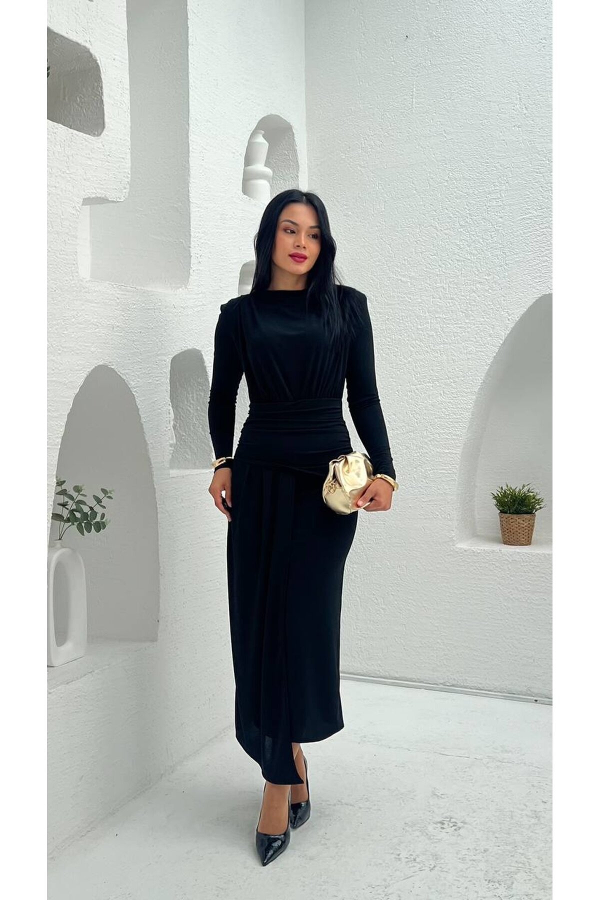 3833-SİYAH ÖNÜ DRAPELİ SANDY KUMAŞ ELBİSE